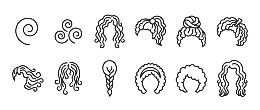 Collection of black outline vector icons depicting various hairstyles and curly hair patterns, presented in a clean, graphic style