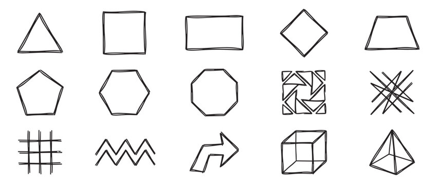 Collection of hand-drawn geometric shapes and abstract elements in black outline, featuring various polygons and patterns