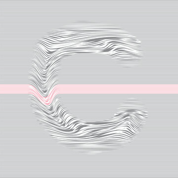Stylized letter C formed by warped horizontal lines with a pink accent stripe, creating a 3D wave distortion and optical illusion in modern typographic abstraction.