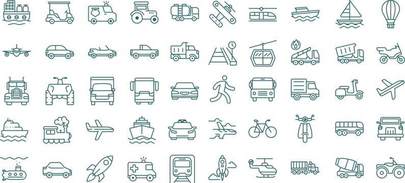 50 Modern Transportation and Logistics Line Icon Set Featuring Commercial Vehicles and Global Freight Vector Symbols