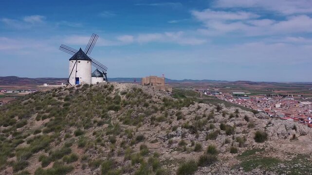 Aerial View of Famous Consuegra Windmills &ndash; Don Quixote Landscape in Castilla La Mancha, Spain