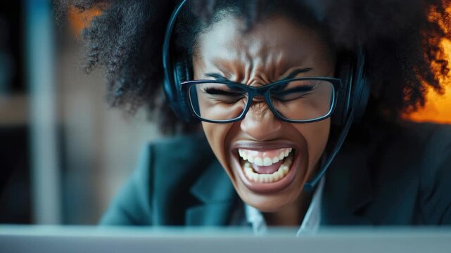 A woman wearing glasses and headphones in a frustrated state while on a call or possibly trying to resolve technical issues.