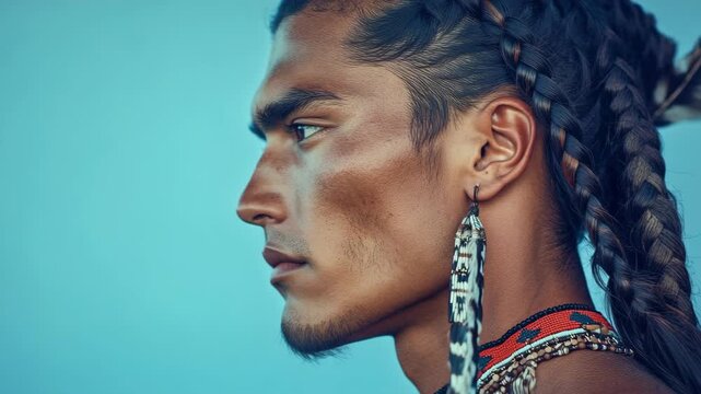 Indigenous male with tattoo, wearing earrings and braided hair against blue backdrop.