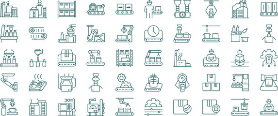 Obraz premium 50 Modern Industrial Automation and Smart Manufacturing Icon Set Featuring Robotic Arms and Factory Production Vector Symbols