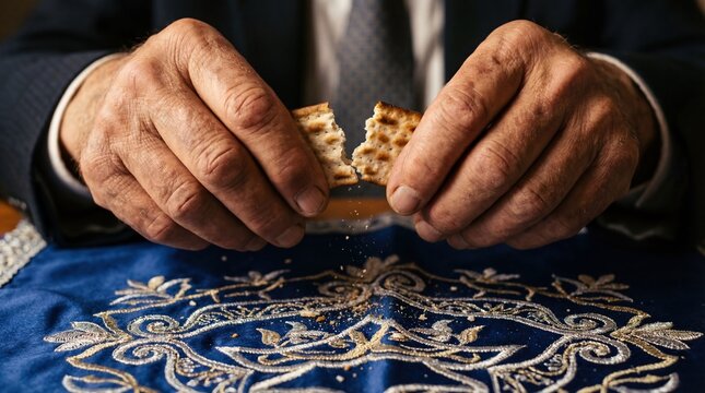 Hands breaking matzah, a traditional unleavened bread, symbolizing a cultural practice. Focus on hands and bread, conveying tradition, spirituality, and cultural significance