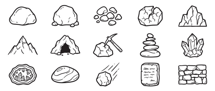 Collection of hand-drawn rock and stone icons in a simple black and white outline style, depicting various geological formations and mining tools