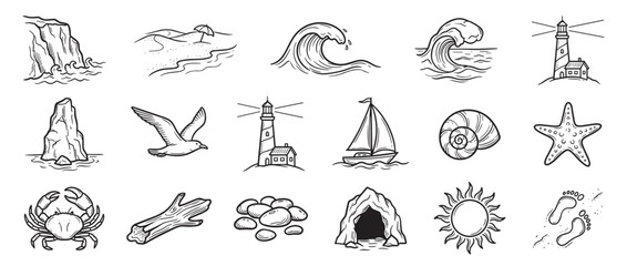 Obraz premium Collection of hand-drawn black and white doodle illustrations depicting various elements of the sea and beach