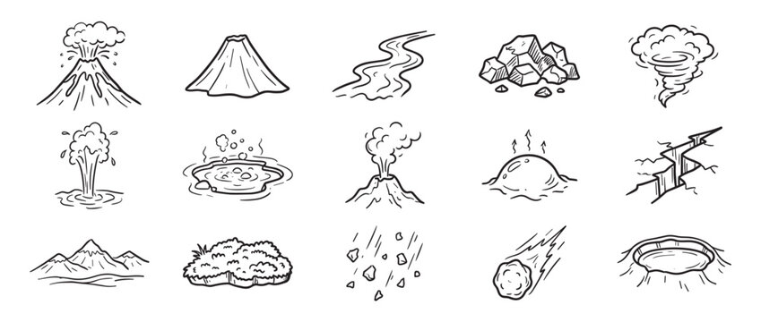 Collection of hand-drawn natural disaster and geological phenomena icons in a simple black and white doodle style