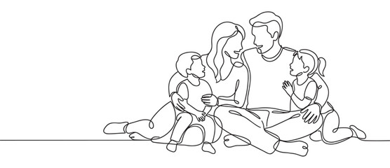 Fototapeta premium Happy family of four, parents with two children, sitting together in a continuous line art drawing style