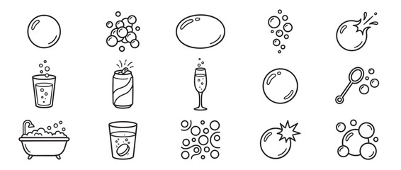 Collection of various line art icons depicting different types of bubbles and effervescence in a clean, graphic style