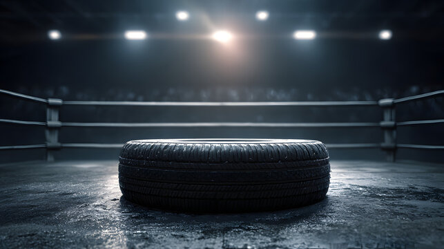 deporte fisico de fuerza con una llanta en medio de un ring de boxeo con iluminacion lugar o estudio de box ejercicio de adrenalina constancia 