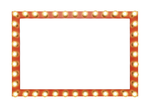 Rectangular vanity mirror frame decorated with a series of glowing incandescent light bulbs around