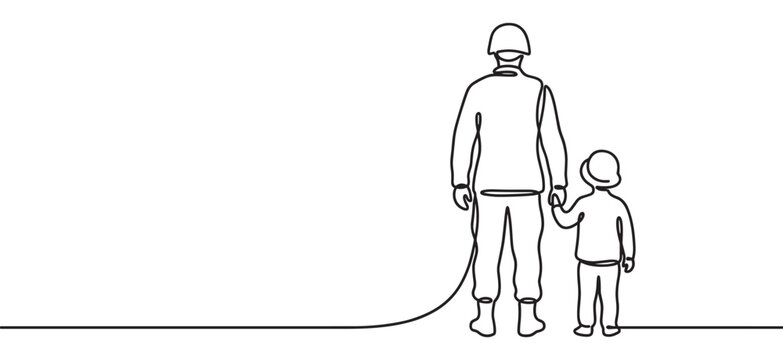 Continuous line drawing of a soldier in uniform holding a child's hand, symbolizing family support and military life
