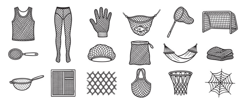 Collection of various mesh and net objects, including clothing, bags, sports equipment, and natural elements, in a hand-drawn doodle style
