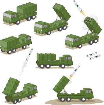 A set of isometric missile trucks is shown from transport to launch, with raised launchers and missiles mid‑flight, illustrating the mobile system&rsquo;s full firing process.