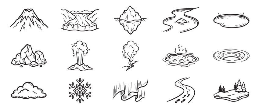 Collection of hand-drawn black and white doodle icons depicting various natural phenomena and landscape elements in a simple style