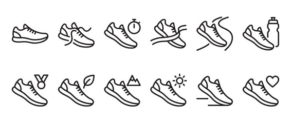 Obraz premium Collection of black outline running shoe icons representing various aspects of fitness and outdoor activities