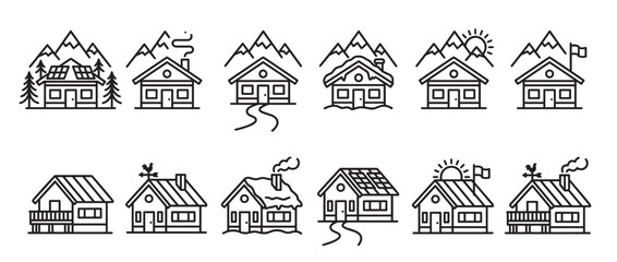 Fototapeta premium Collection of twelve simple line art house icons depicting various styles and weather conditions, presented in a clean, minimalist design