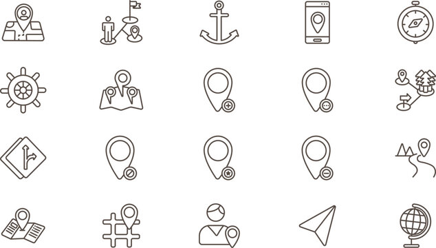20 Modern Maps and Navigation Line Icon Set Featuring Location Pins and Tracking Vector Symbols