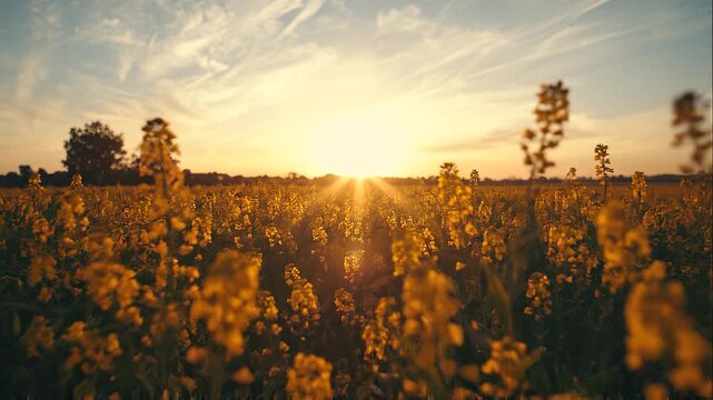 Golden sunset over blooming yellow field with trees