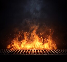Fototapeta premium Burning grill grate with bright flame and sparks on a dark background. Close-up of a hot surface.