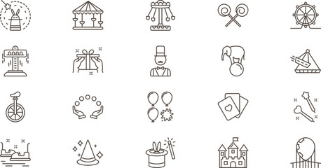 Fototapeta premium 20 Modern Amusement Park and Circus Line Icon Set Featuring Carnival Rides Magic and Entertainment Symbols