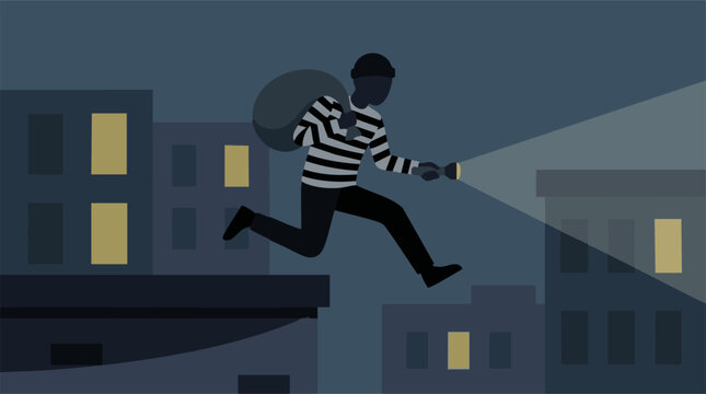 Thief running across city rooftops at night with stolen goods and a flashlight