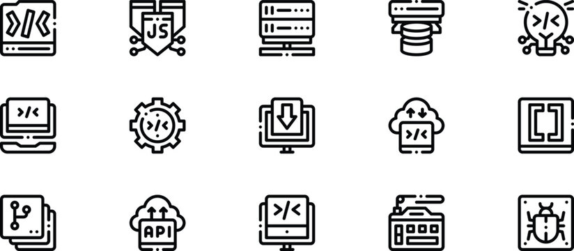 Essential 15 Coding and Computer Programming Outline Icons Pack Featuring API Integration Version Control and Bug Tracking