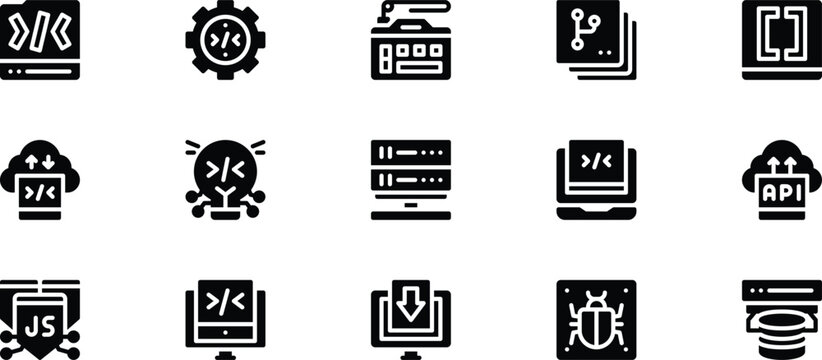 Essential 15 Coding and Computer Programming Solid Icons Pack Featuring API Integration Version Control and Bug Tracking Vector Symbols