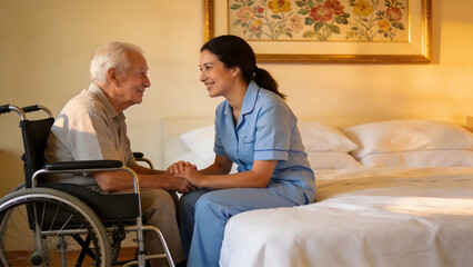 Obraz premium Caregiver assisting elderly man in wheelchair
