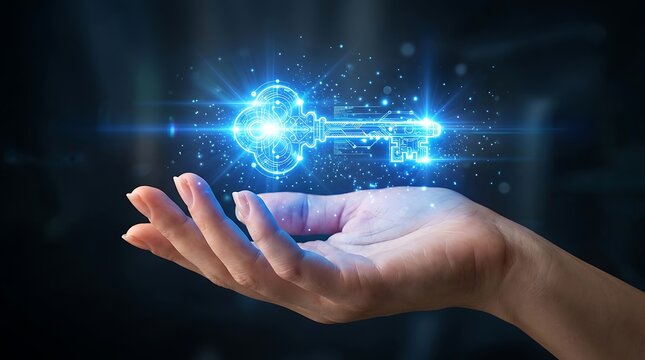 Human hand holding glowing blue digital key symbolizing cybersecurity, data access, and secure solutions