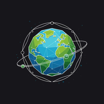 Geometric Earth Globe with Orbiting Elements on Black Background.