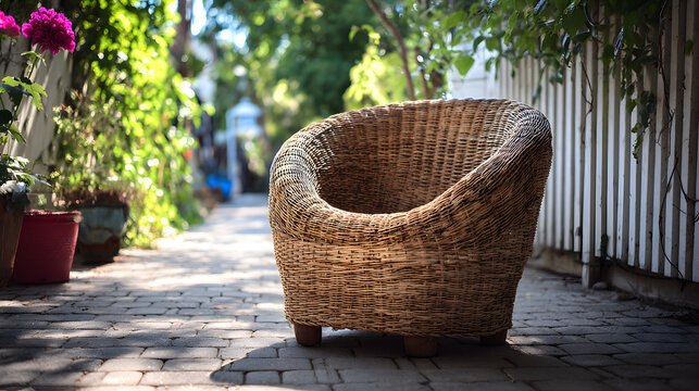 una silla moderna tejida de mimbre dise&ntilde;o tradicional al exterior en un patio o terraza trasera para descanso con plantas decorativas en el jardin 