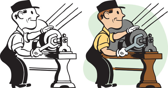 A vintage retro cartoon of a metalworker working on a machine. 
