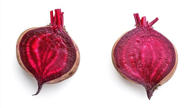 Sliced beetroots revealing vibrant red and purple hues on a stark white background