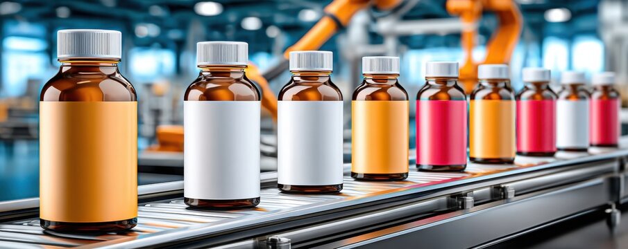 Bottle filling line in action with brown bottles on a production conveyor