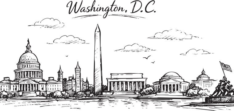 vector sketch hand drawing panoramic Washington DC city