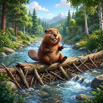 Cartoon beaver sitting on a log in a serene forest stream with snow-capped mountains in the background