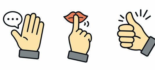 Obraz premium Playful hand reaction icons showing speech bubble palm, finger snap gesture and thumbs up. Cartoon sticker style set for messaging, social media and digital feedback.