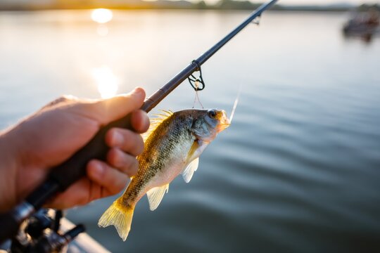 A person fishing holds up a freshly caught panfish on a rod. Close-up of a catch on a lake during a golden sunset or sunrise