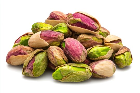 Close-up of a vibrant pile of shelled pistachios with green and purple hues on a white background