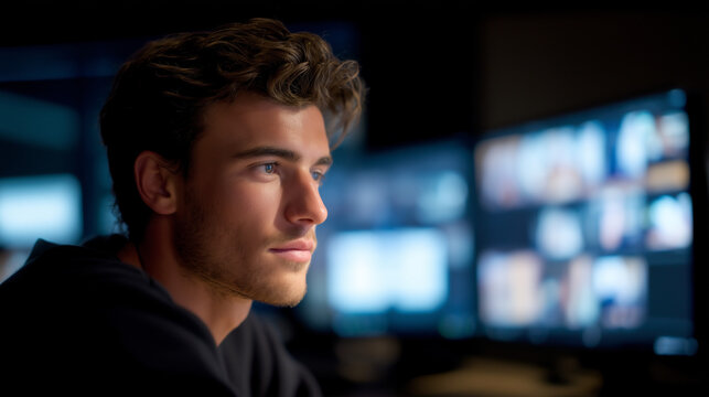 Machine learning algorithm highlights synthetic voice patterns and facial inconsistencies on split-screen analysis dashboard in media forensics verification center, perfect for content authenticatio