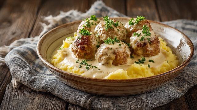 Homemade swedish meatballs with mashed potatoes and cream sauce 
