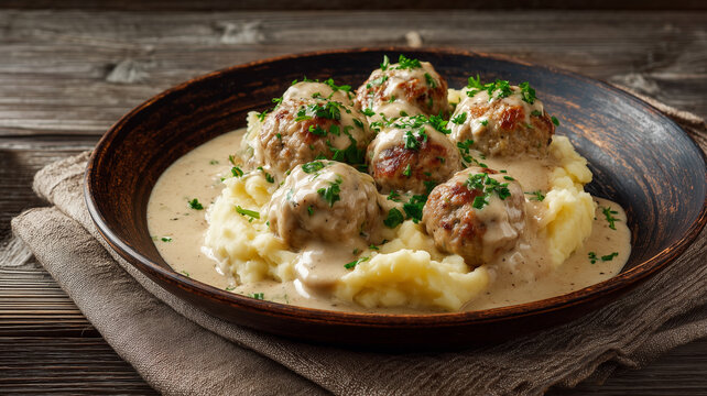 Homemade swedish meatballs with mashed potatoes and cream sauce 