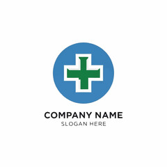 Obraz premium Medical logo featuring a green cross within a blue circle, symbolizing healthcare and wellness.