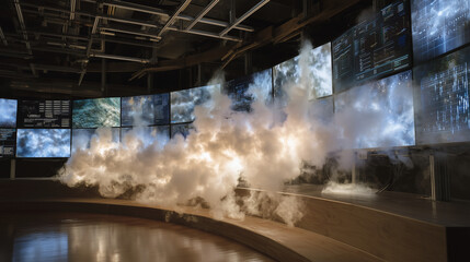 Obraz premium Cryogenic quantum computer chamber emitting vapor trails while displaying entanglement calculations on surrounding curved display panels in corporate innovation laboratory, perfect for computational