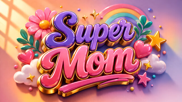 Super Mom 3D Typography with Colorful Glossy Text and Playful Background, Modern Mother's Day Greeting Card Design