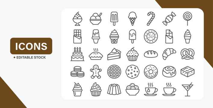 Sweet dessert and bakery line icon set with candy, pastry, cake, and ice cream symbols