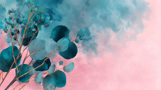 un fondo degradado creativo azul con rosa pintado en acuarela con espacio de copia con hojas secas decorativas pintadas en tonos azules dise&ntilde;o artistico 