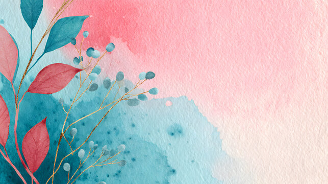 fondo pintado en acuarela degradado rosa con azul en tonos pastel con espacio de copia con hojas y ramas decorativas modernas para plantilla o tarjeta de dise&ntilde;o